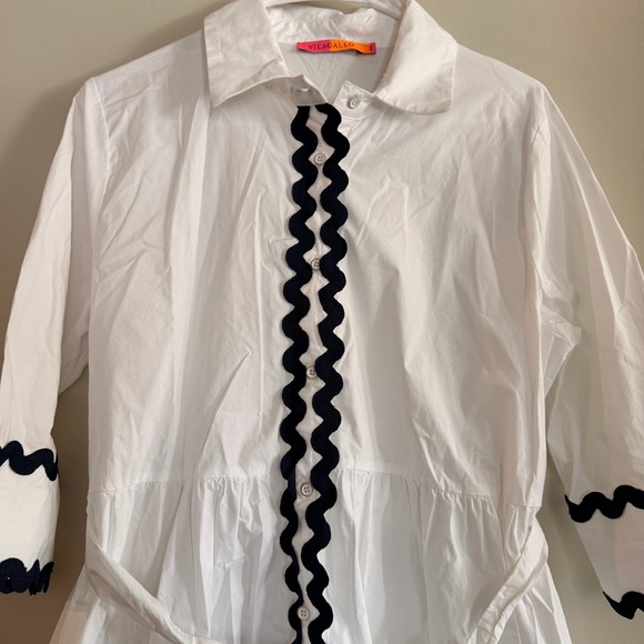 Vilagallo Natalia White Poplin Ricrac Trim Belted Button Down Shirt Dress 44 - Picture 6 of 8